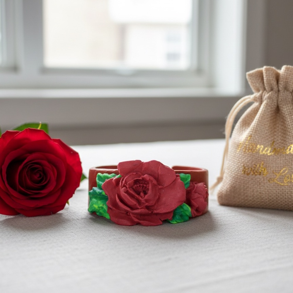 Handmade Red Rose Cuff Bracelet, Romantic Artisan Jewelry Polymer Clay Bracelet - Picture 9 of 9